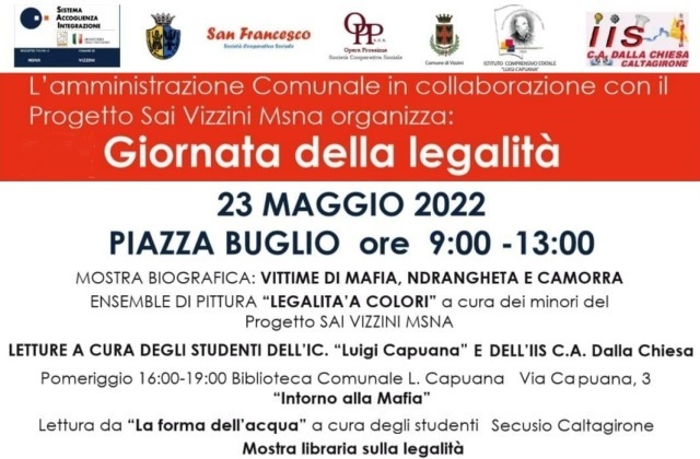 Scuole e SAI "Vizzini MSNA" insieme per la "Giornata della Legalità", lunedì 23 maggio a Mineo